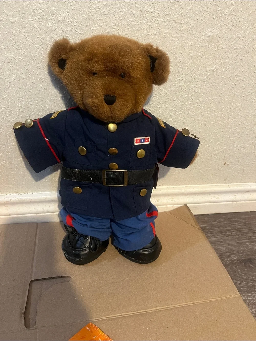 Brown Teddy Bear in Navy Blue USA Uniform - Kids Toy